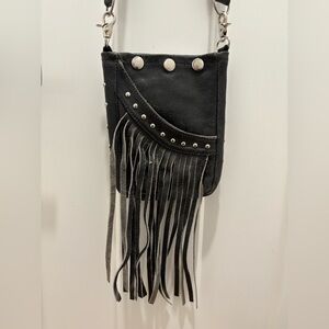 Vintage American Bison Western Sling Leather Bag Black Fringe Snap Button
